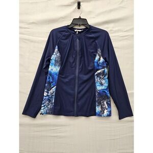 Jasambac Womens Blue Marble Zip Rash Guard Swim Top Polyester Blend Size Large